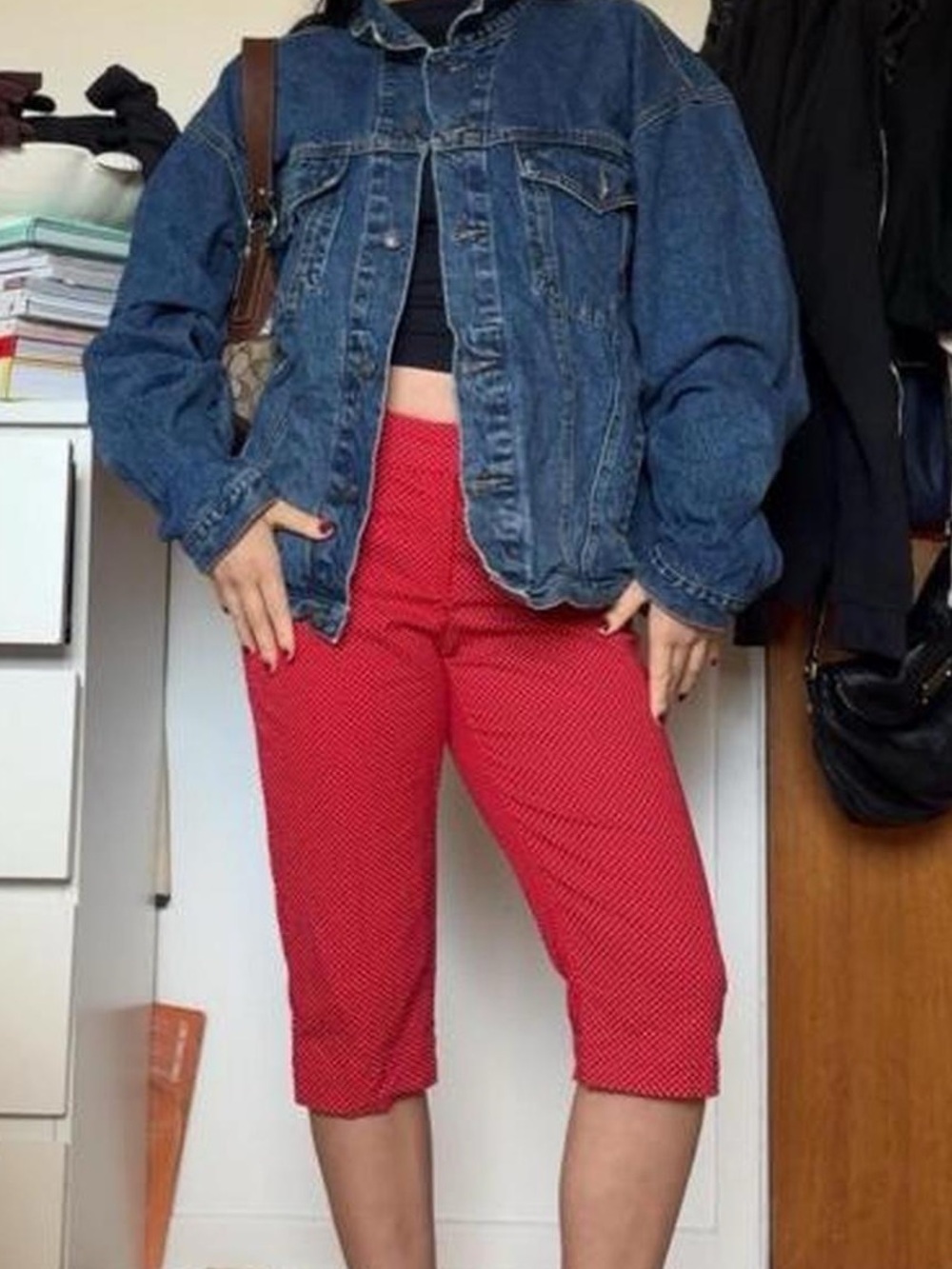 Red polka dot capri pants